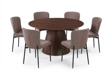 Siena Matgrupp runt 130 cm Valnöt med 6 Elsie Matstolar, Valnöt/Grå