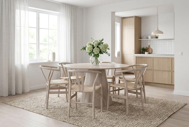 Siena Matgrupp runt 130 cm Vitlaserad med 6 Dastoori Matstolar - Vitlaserad - Products - Möbler - Bord & matgrupp - Matgrupp