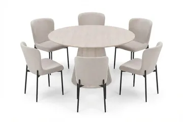 Siena Matgrupp runt 130 cm Vitlaserad med 6 Elsie Matstolar, Vitlaserad/Beige