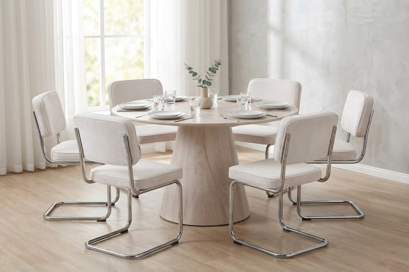 Siena Matgrupp runt 130 cm Vitlaserad med 6 Milva Matstolar - Vitlaserad/Beige/krom - Products - Möbler - Bord & matgrupp - Matgrupp
