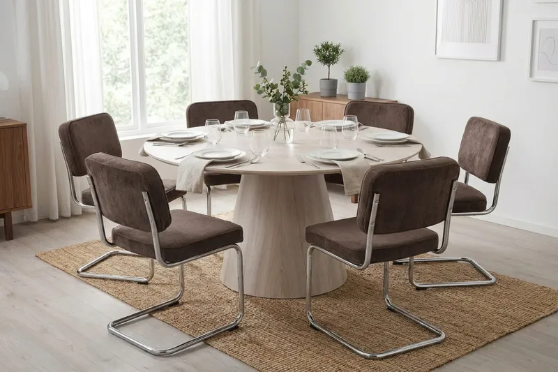 Siena Matgrupp runt 130 cm Vitlaserad med 6 Milva Matstolar - Vitlaserad/Brun/krom - Products - Möbler - Bord & matgrupp - Matgrupp