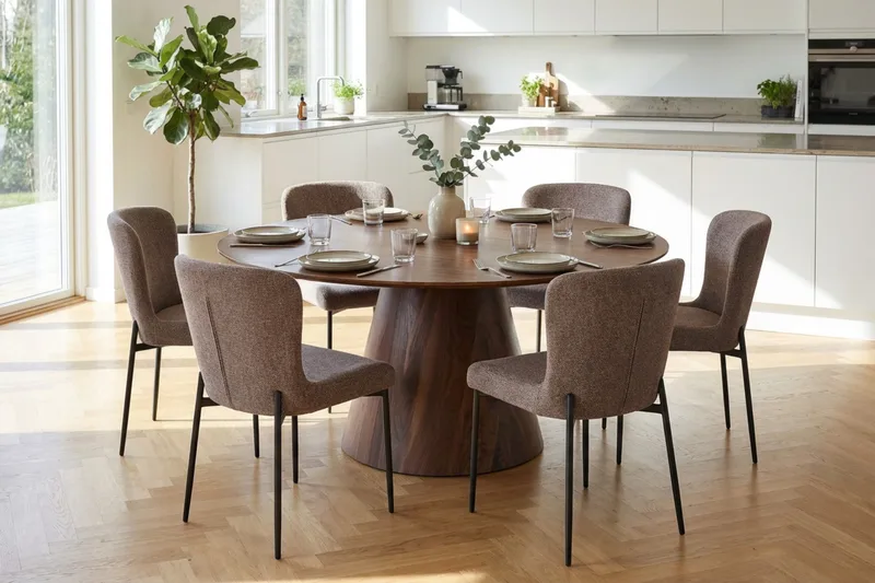 Siena Matgrupp runt 150 cm Valnöt med 6 Elsie Matstolar - Valnöt/Grå - Products - Möbler - Bord & matgrupp - Matgrupp