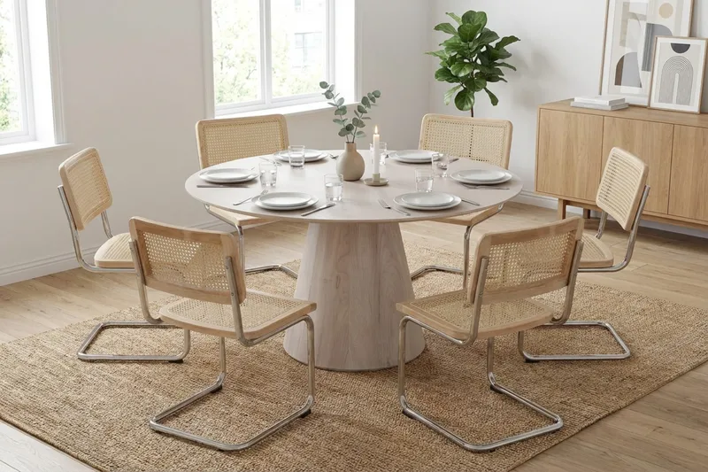 Siena Matgrupp runt 150 cm Vitlaserad med 6 Build Matstolar - Vitlaserad ek - Products - Möbler - Bord & matgrupp - Matgrupp