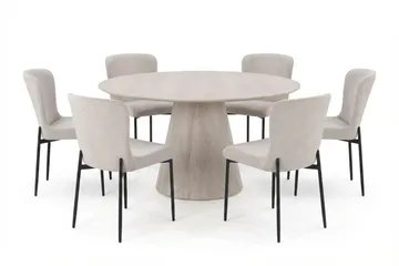 Siena Matgrupp runt 150 cm Vitlaserad med 6 Elsie Matstolar, Vitlaserad/Beige