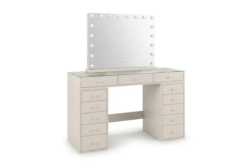 Glow Sminkbord 120 cm med Glasskiva Förvaring och Lådor samt Spegel 80 cm med Belysning - Beige - Products - Möbler - Bord & matgrupp - Sminkbord & toalettbord
