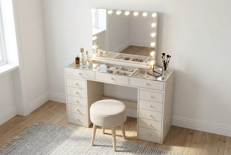 Glow Sminkbord 120 cm med Glasskiva Förvaring och Lådor samt Spegel 80 cm med Belysning - Beige - Products - Möbler - Bord & matgrupp - Sminkbord & toalettbord
