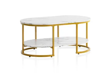 Soffbord Wohnling marmorutseende ovalt 100 cm med förvaringshylla, Bauhaus-stil Marmor Vit - Marmor Vit - Products - Möbler - Bord & matgrupp - Soffbord