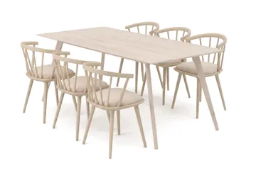 Tyrö Matgrupp 190 cm Whitewash med 6 st Tyrö Karmstolar med Dyna, Vitlaserad ek