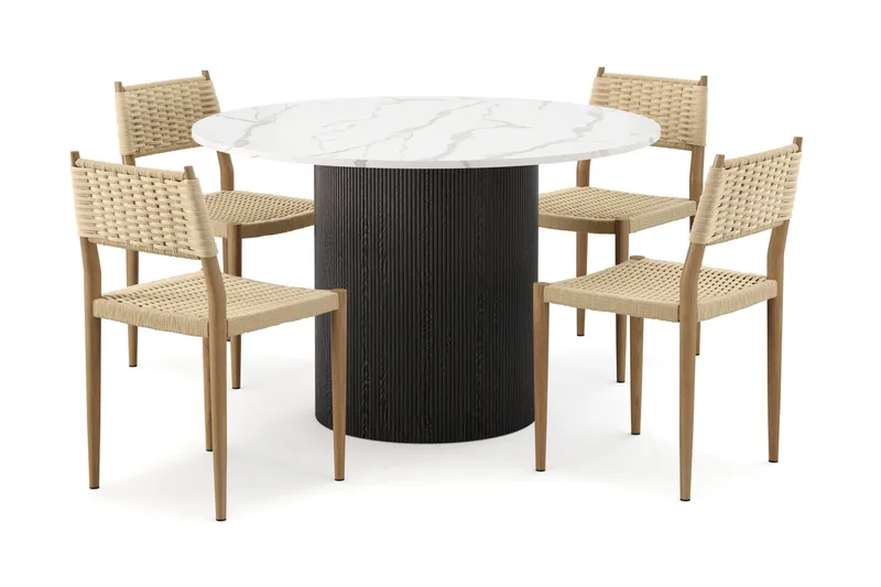 Uppveda Matbord 120 cm Rund med 4 st Jamna Matstolar, Svart/Vit