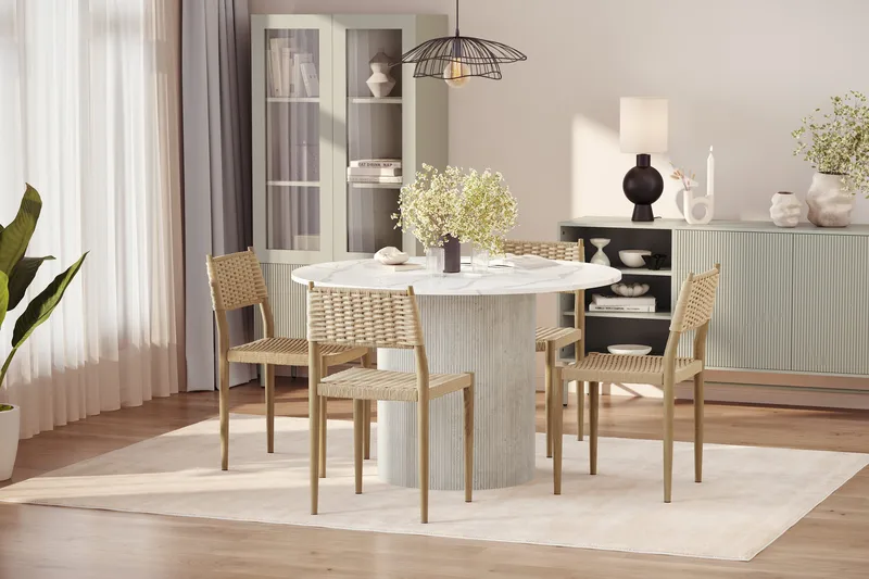 Uppveda Matbord 120 cm Rund med 4 st Jamna Matstolar - Vit - Products - Möbler - Bord & matgrupp - Matgrupp