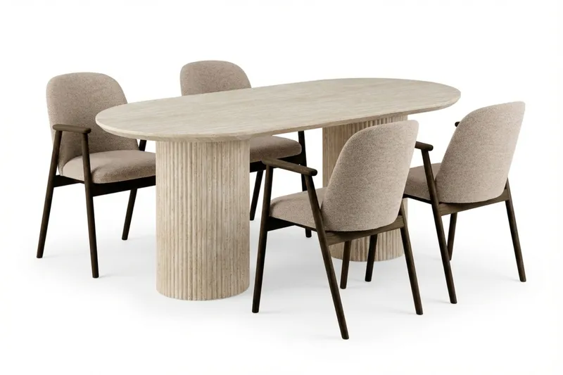 Uppveda Matgrupp 180 cm Oval Travertin med 4 Reciclar Matstolar - Travertin/Greige - Products - Möbler - Bord & matgrupp - Matgrupp