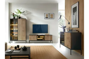 Klinkerville Tv bänk med belysning 39 cm djup 56 cm bred - Svart Trä / Glas / Ribbad - Products - Möbler - TV- & Mediamöbler - TV-skåp