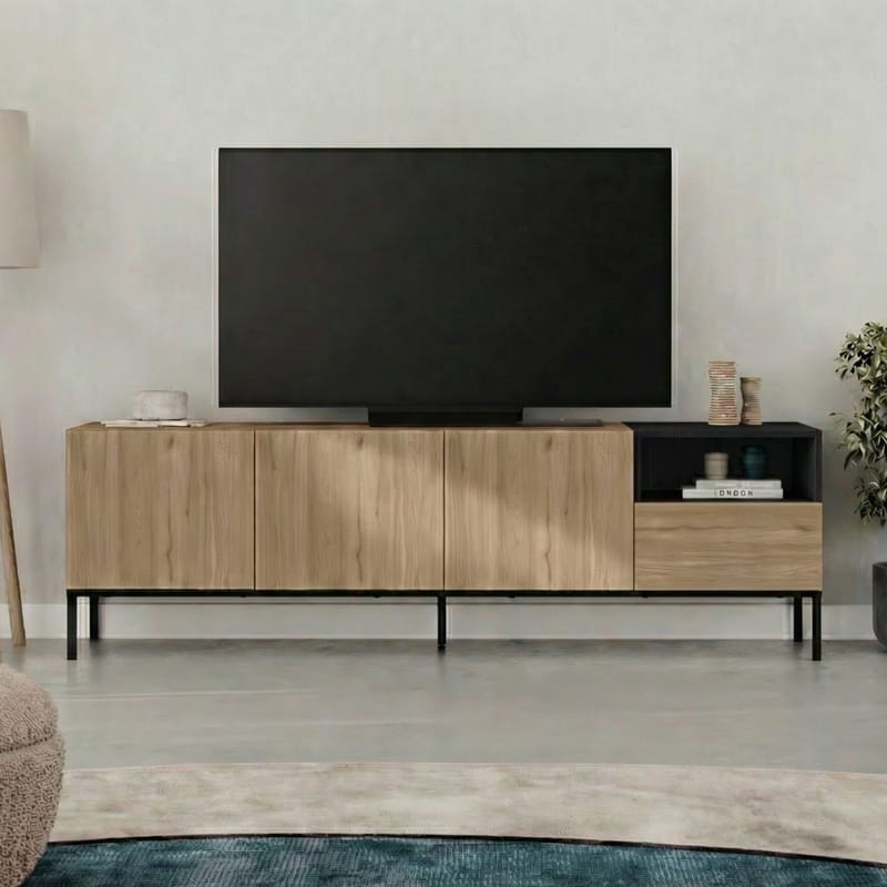 Morlen TV-bänk 180x55x41,8 cm - naturfärgad ek, svart, sandstone - Products - Möbler - TV- & Mediamöbler - TV bänk & mediabänk