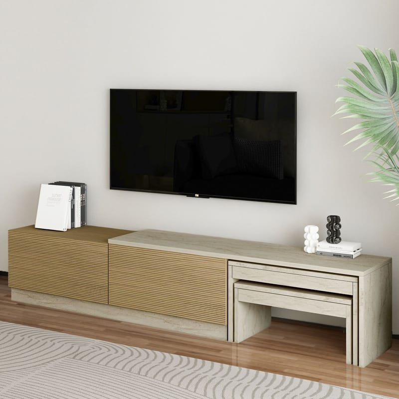 Zalven TV-bänk 180x36x30 cm - travertin och varm ek - Products - Möbler - TV- & Mediamöbler - TV bänk & mediabänk