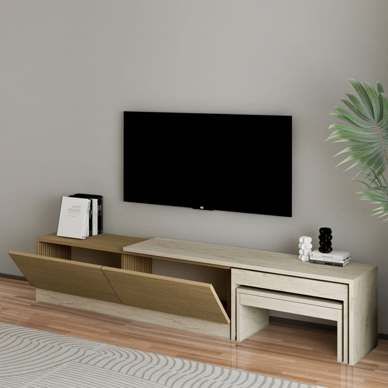 Zalven TV-bänk 180x36x30 cm - travertin och varm ek - Products - Möbler - TV- & Mediamöbler - TV bänk & mediabänk