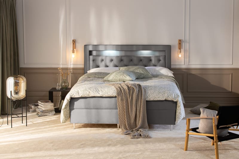 Alessia Komplett Sängpaket med Förvaring LED-belysning 180x200 cm - Grå / Ljusgrå - Products - Möbler - Säng - Säng med förvaring