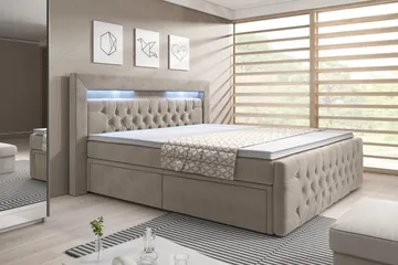 Franco Komplett Sängpaket med förvaring LED-belysning 180x200 cm + 2st Franco Sängbord - Beige / Sammet - Products - Möbler - Säng - Säng med förvaring