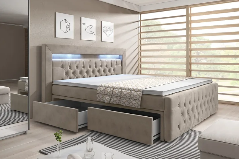 Franco Komplett Sängpaket med förvaring LED-belysning 180x200 cm - Beige / Sammet - Products - Möbler - Säng - Säng med förvaring