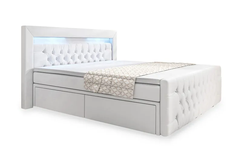 Franco Komplett Sängpaket med förvaring LED-belysning 180x200 cm - Pu Konstläder Vit - Products - Möbler - Säng - Säng med förvaring