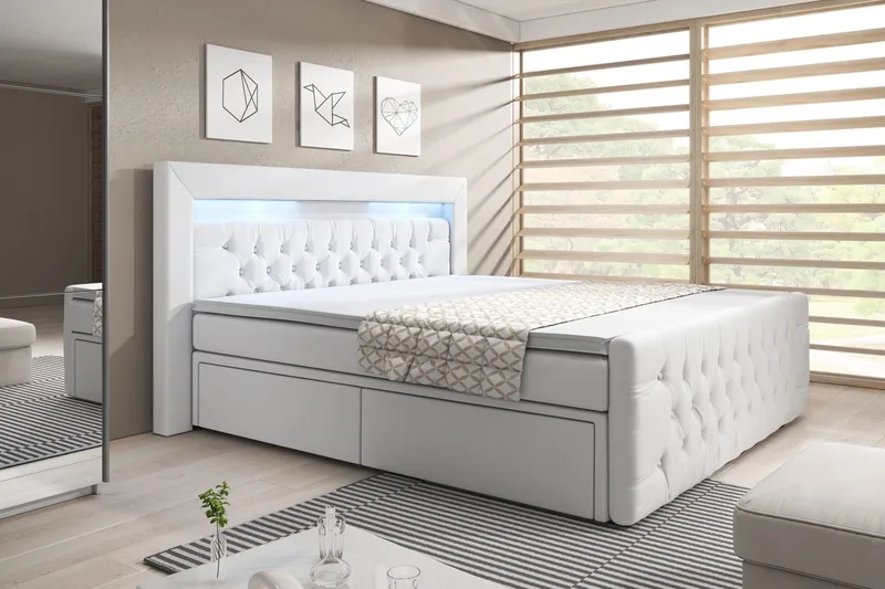 Franco Komplett Sängpaket med förvaring LED-belysning 180x200 cm - Pu Konstläder Vit - Products - Möbler - Säng - Säng med förvaring