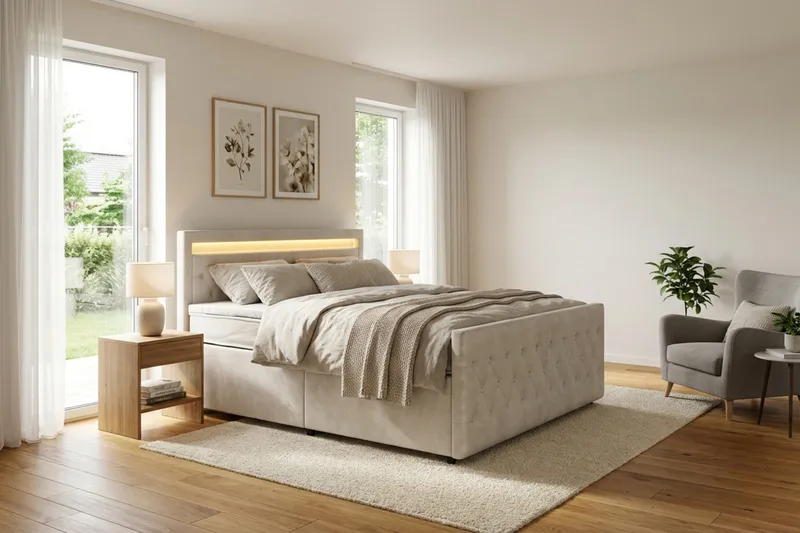 Franco light Komplett Sängpaket med förvaring LED-belysning 180x200 cm - Beige - Products - Möbler - Säng - Säng med förvaring