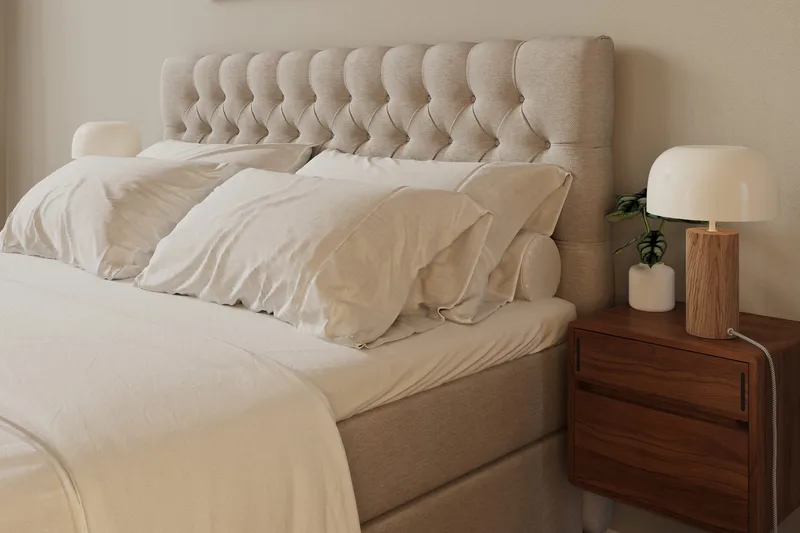 HVILA Lyx Komplett Sängpaket 160x200 cm Kontinentalsäng med knappad sänggavel - Beige - Products - Möbler - Säng - Komplett sängpaket