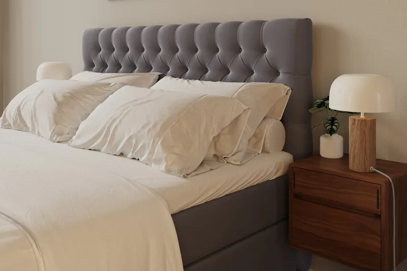 HVILA Lyx Komplett Sängpaket 180x200 cm Kontinentalsäng med knappad sänggavel i sammet - Grå - Products - Möbler - Säng - Komplett sängpaket