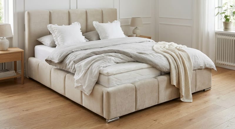 Cleaton Sängram 160x200 cm med Förvaring HVILA Skummadrass och Bäddmadrass i Polysterskum Vändbar Sommar & Vintersida och Tvättbar klädsel - Beige/Vit - Products - Möbler - Säng - Komplett sängpaket