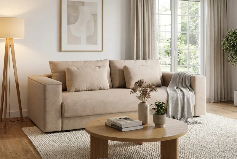 Bergen Extra djup 3-sits Bäddsoffa med Bäddmadrass i Memoryskum och Tvättbar klädsel - Beige - Products - Möbler - Soffa - Bäddsoffa - 3 sits bäddsoffa