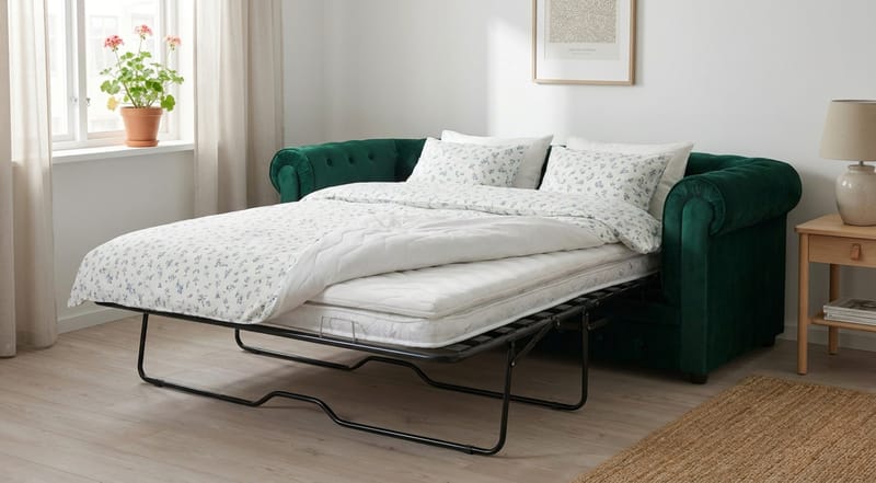 Chesterfield Lyx 3-sits Framåtbäddad Bäddsoffa med HVILA Bäddmadrass 140x200 cm Polyesterskum med Tvättbar klädsel - Grön - Products - Möbler - Soffa - Bäddsoffa - 3 sits bäddsoffa