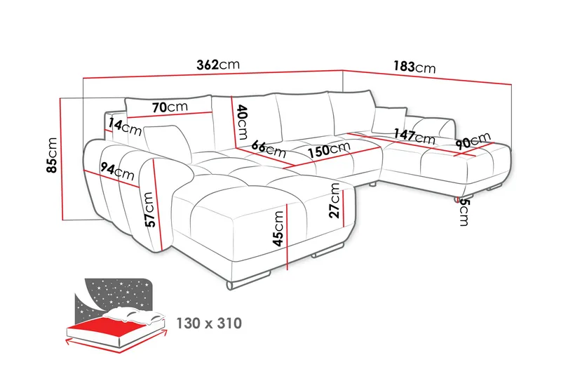 Simerly Bäddsoffa Dubbeldivan 4-sits - Grå - Products - Möbler - Soffa - Bäddsoffa - U bäddsoffa