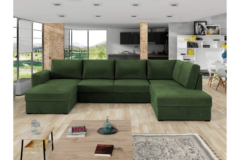Taberk Bäddsoffa med Divan och Schäslong 4-sits i Chenille - Grön - Products - Möbler - Soffa - Bäddsoffa - Bäddsoffa divan