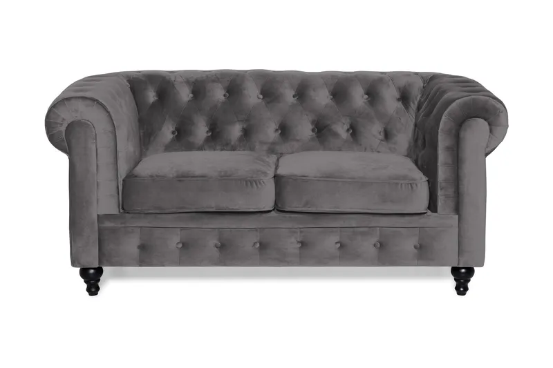 Chesterfield Lyx 2-sits Liten Sammetssoffa - Djup soffa 160 cm bred, Mörkgrå / Grå