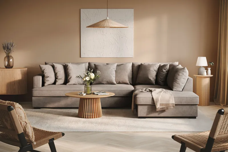 Rossita 4-sits Högervänd L-formad Djup Schäslongsoffa i Tyg - Brun - Products - Möbler - Soffa - Divansoffa & schäslongsoffa - 4 sits soffa med divan