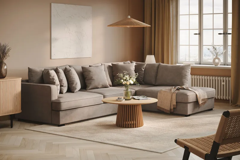 Rossita 4-sits Högervänd L-formad Djup Schäslongsoffa i Tyg - Brun - Products - Möbler - Soffa - Divansoffa & schäslongsoffa - 4 sits soffa med divan