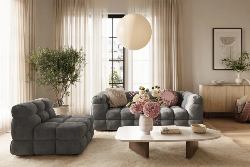 Elise Bubblig Soffgrupp 3-sits Soffa + Fåtölj - Mörkgrå - Products - Möbler - Soffa - Soffgrupp