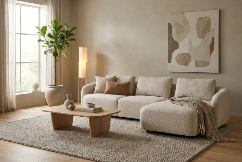 Milano 5-sits Rundad Högervänd L-soffa med Låg Rygg i Beige Boucle - Products - Möbler - Soffa - Divansoffa & schäslongsoffa
