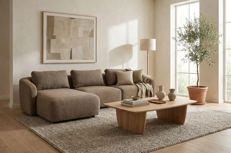 Milano 5-sits Rundad Vänstervänd L-soffa med Låg Rygg i Brun Boucle - Products - Möbler - Soffa - Divansoffa & schäslongsoffa