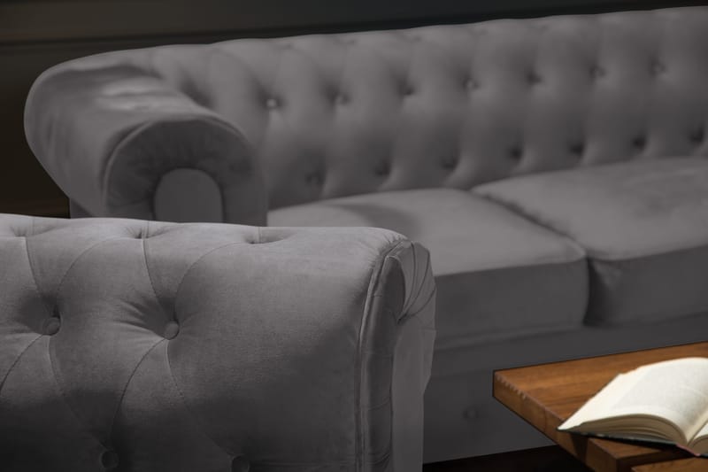 Chesterfield Lyx Soffgrupp 2-sits+Fåtölj Sammet - Grå - Products - Möbler - Soffa - Soffgrupp - Chesterfield soffgrupp