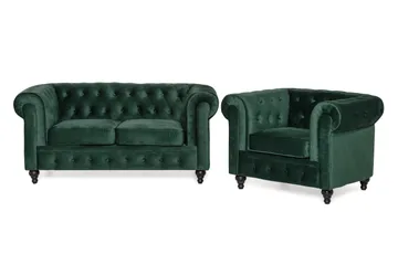 Chesterfield Lyx Soffgrupp 2-sits+Fåtölj Sammet, Grön