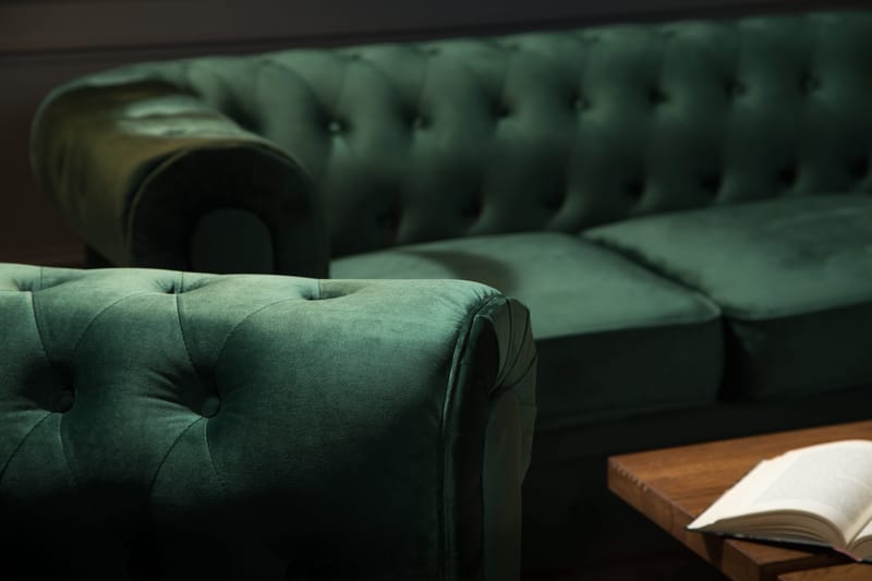 Chesterfield Lyx Soffgrupp 2-sits+Fåtölj Sammet - Grön - Products - Möbler - Soffa - Soffgrupp - Chesterfield soffgrupp