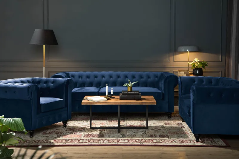 Chesterfield Lyx Soffgrupp 3+2+1 i Sammet - Blå - Products - Möbler - Soffa - Soffgrupp - Chesterfield soffgrupp