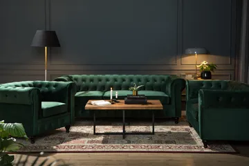 Chesterfield Lyx Soffgrupp 3+2+1 i Sammet - Grön - Products - Möbler - Soffa - Soffgrupp - Chesterfield soffgrupp