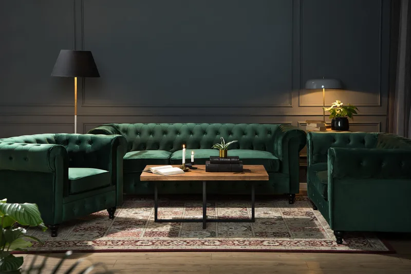 Chesterfield Lyx Soffgrupp 3+2 i Sammet - Grön - Products - Möbler - Soffa - Soffgrupp - Chesterfield soffgrupp