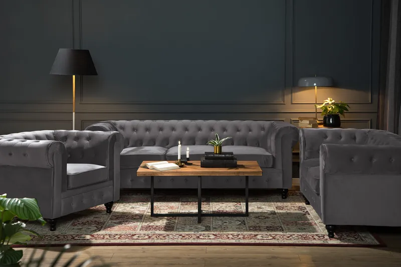 Chesterfield Lyx Soffgrupp 3+2 i Sammet - Mörkgrå - Products - Möbler - Soffa - Soffgrupp - Chesterfield soffgrupp