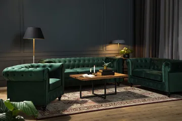 Chesterfield Lyx Soffgrupp 3+2 i Sammet - Mörkgrön / Grön - Products - Möbler - Soffa - Soffgrupp - Chesterfield soffgrupp