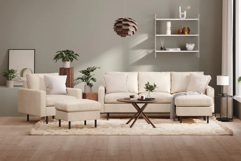 Peppe Soffgrupp 3-sits Vändbar L-formad Divansoffa + Fåtölj + Fotpall i Manchester - Beige - Products - Möbler - Soffa - Soffgrupp