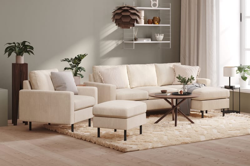 Peppe Soffgrupp 3-sits Vändbar L-formad Divansoffa + Fåtölj + Fotpall i Manchester - Beige - Products - Möbler - Soffa - Soffgrupp