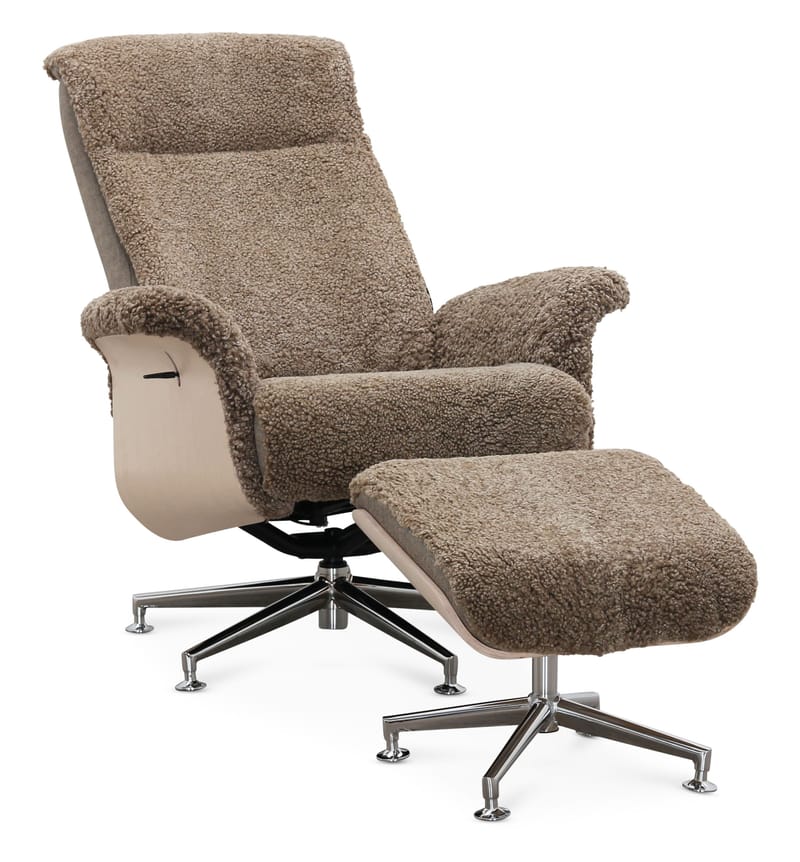 Fåtölj i fårskinn med fotpall - Ek/ljusbeige fårskinn - Ulla, Ljusbeige