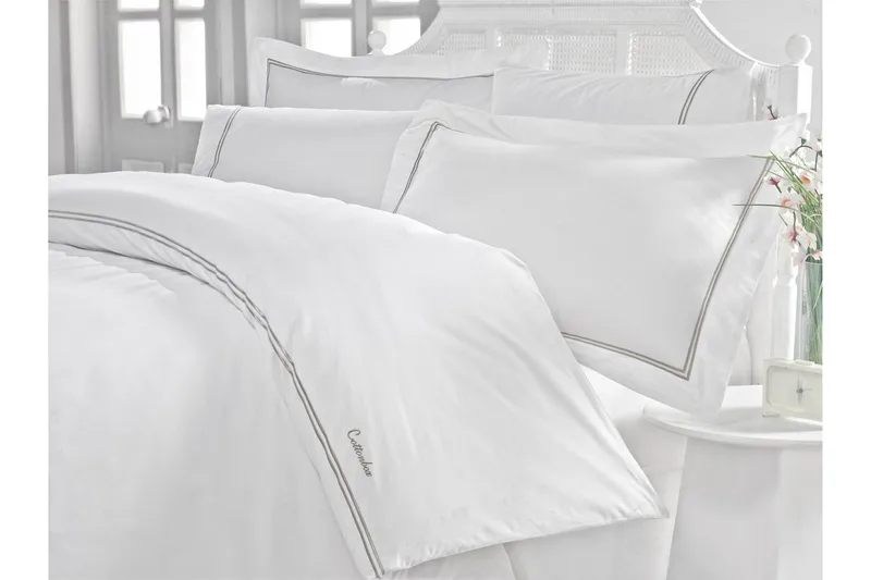 Cotton Box Bäddset Dubbelt 6-dels Satin, Vit/Grå